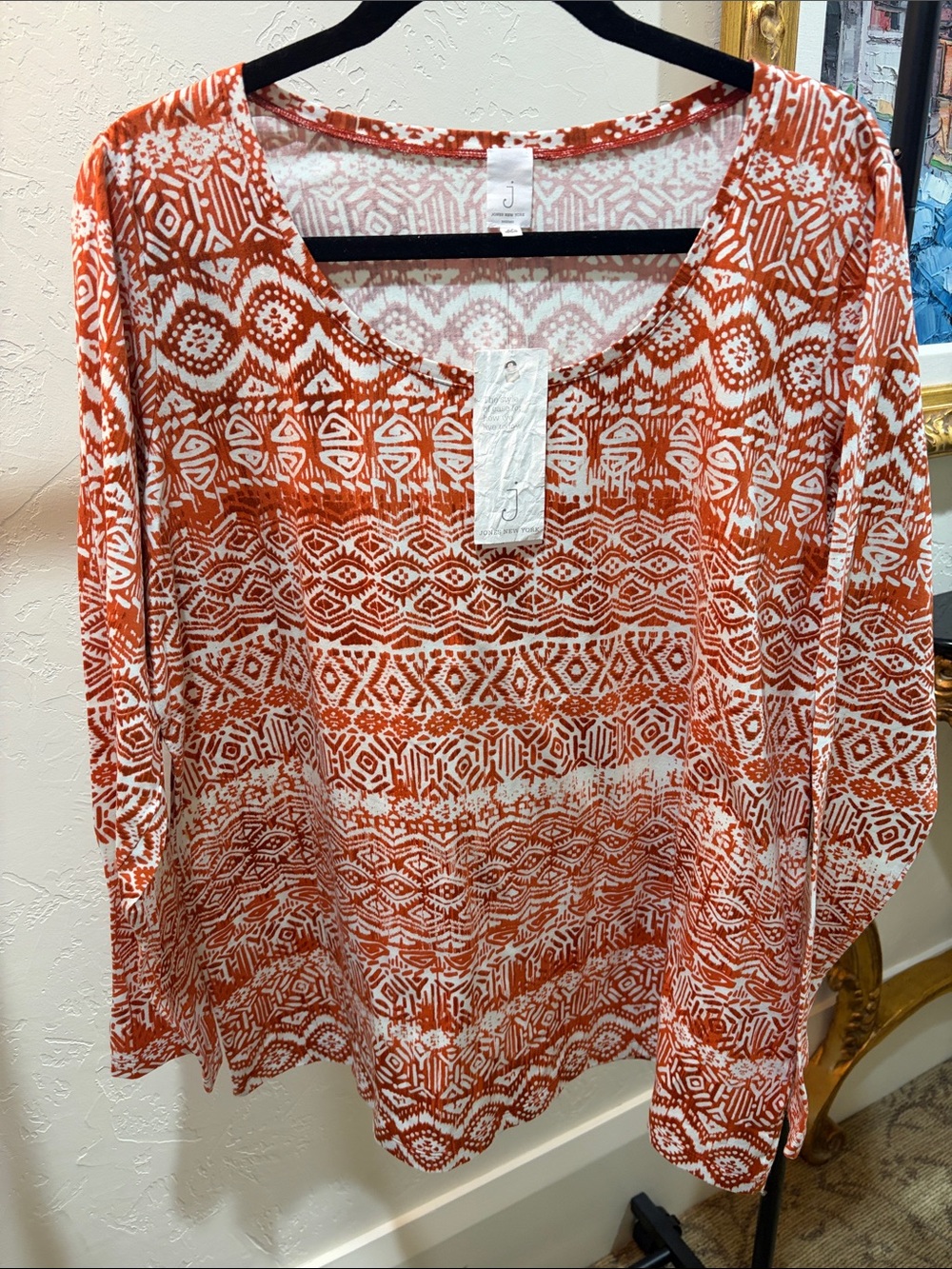 Jones New York Orange and White Geometric Long-Sleeve Top 2X